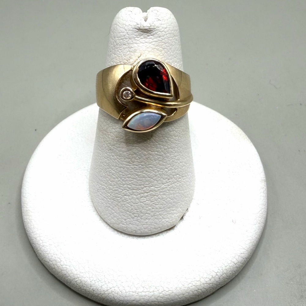 10k Yellow Gold Garnet, Opal And Diamond Ring